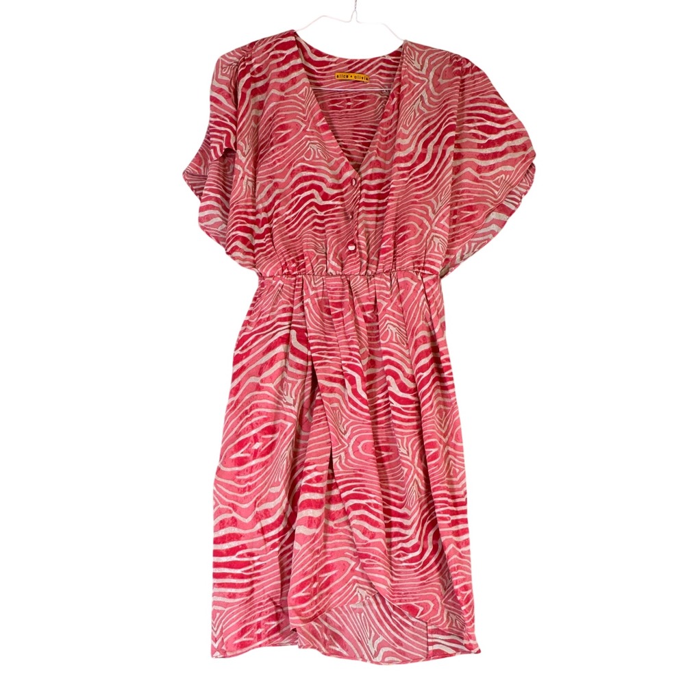 Alice + Olivia Pink Zebra Silk Blend V-Neck Elastic Waist Dress C104592655